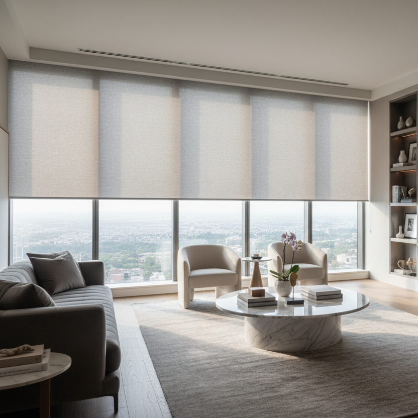 GENERA UNA IMAGEN DE UN ROLLER BLIND EN COLOR GRIS PERLADO EN UN SALON DE ALTA GAMA