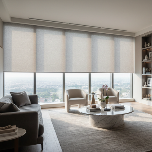 GENERA UNA IMAGEN DE UN ROLLER BLIND EN COLOR GRIS PERLADO EN UN SALON DE ALTA GAMA